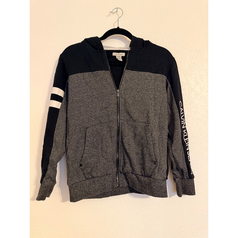 Calvin Klein Jeans Kids Zip Up Hoodie Jacket M 10 12 Gray Black Stripes